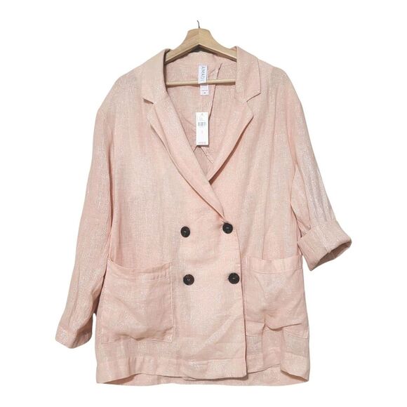Amadi Anthropologie M Blazer Kaye Oversized Double Breast Pink Linen- Metallic - Picture 7 of 10
